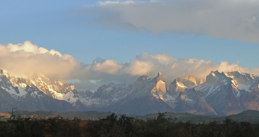 TORRESdelPAINE          Paine Massif at sunrise from Rio Serrano Hotel.jpg