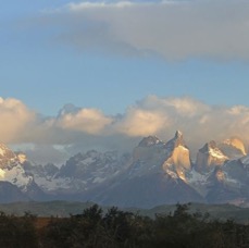 TORRESdelPAINE          Paine Massif at sunrise from Rio Serrano Hotel.jpg